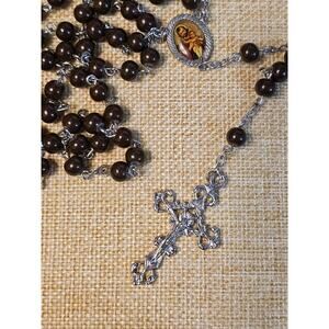 Vintage Silver Tone Crucifix Rosary St. Joseph Baby Jesus Brown Bead